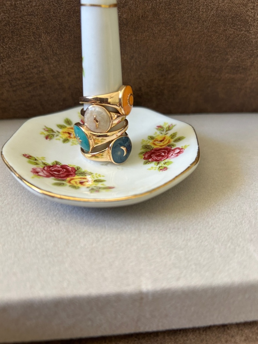 Gold Tone  Rings with Turquoise, Blue, Cream,  Orange Stones Assorted Ring Sizes